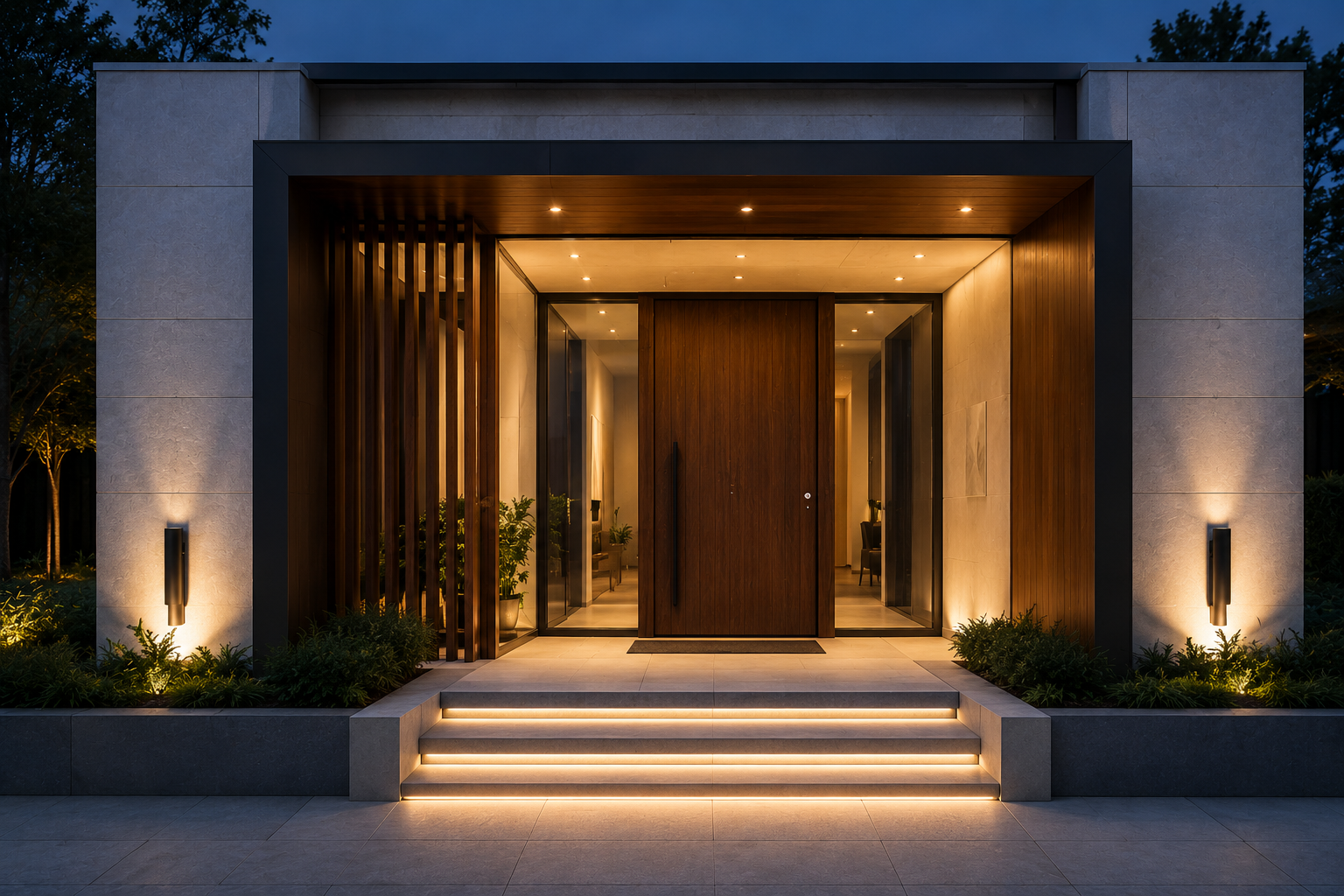 Illuminated villa entrance with premium finishes