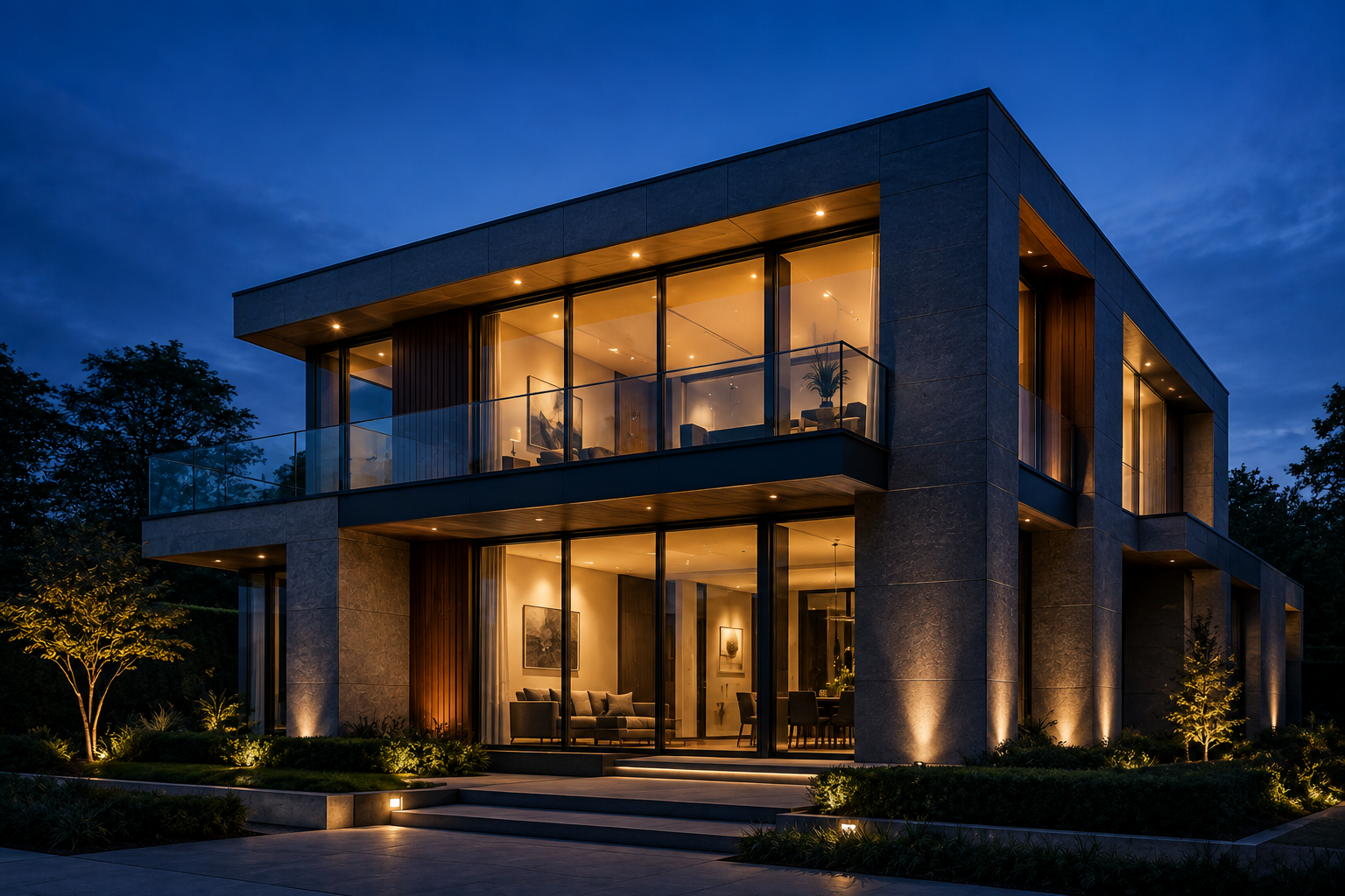 Villa exterior lit at dusk