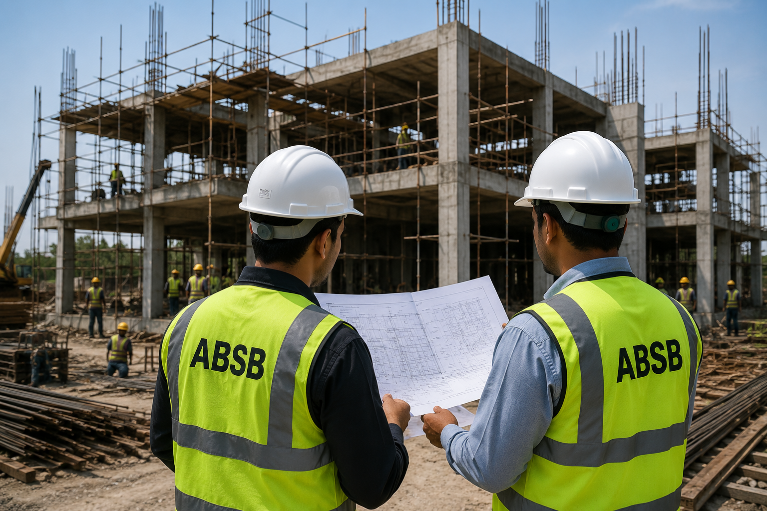 ABSB engineers reviewing drawings in front of an active structure
